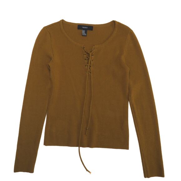 Forever 21 Ribbed Knit Lace Up Sweater Mustard Brown - Picture 2 of 8